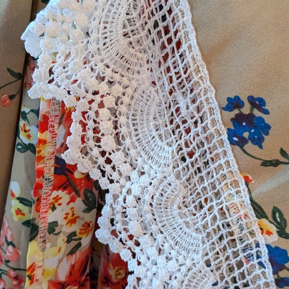 RELIPOP Tan Orange Yellow Pink Blue Floral Semi Sheer Cardigan with Crochet - Picture 3 of 8